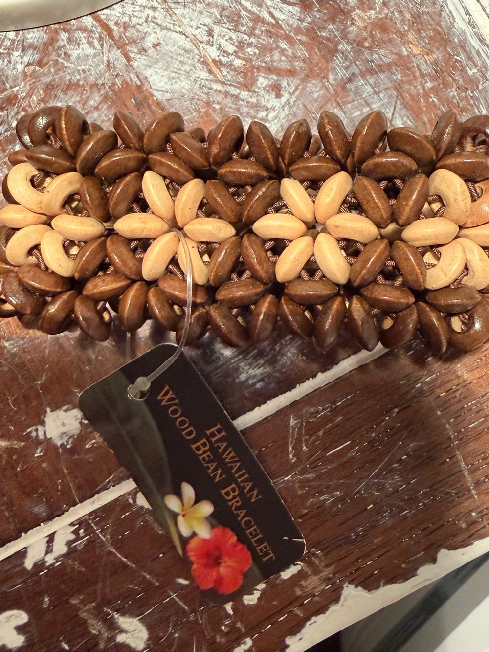 Hawaiian Wood Bean Bracelet - Brown & Cream